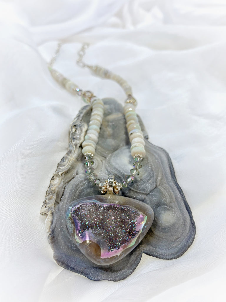 Drusy and opal necklace - Moonbow Tropics