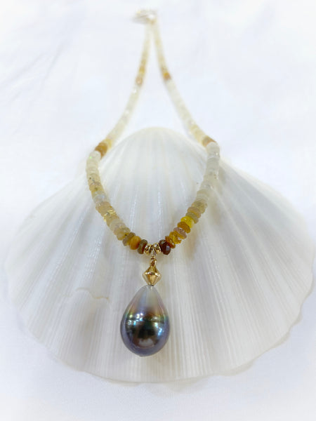 Big South Sea Black Tahitian Pear Drop Pearl with Opal Chain