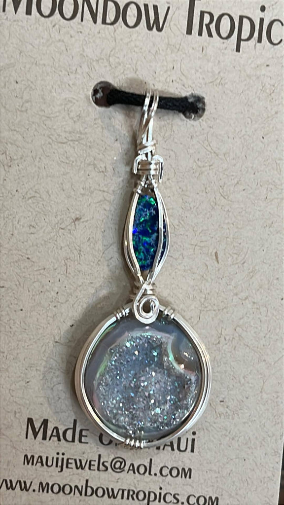 Drusy Crystal and Australian Opal Pendat - Moonbow Tropics