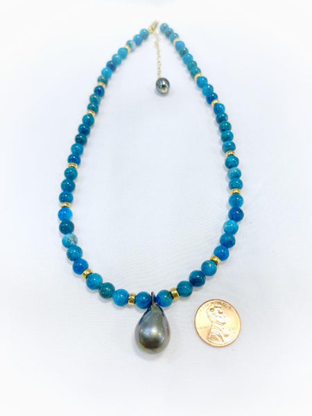 Big Kahuna Black Tahitian Pearl and apatite necklace