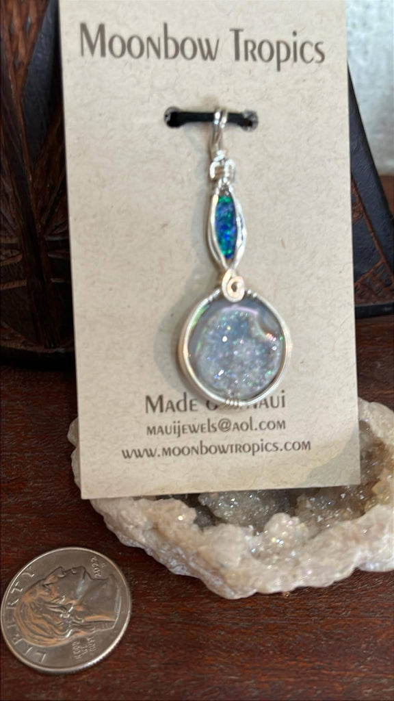 Drusy Crystal and Australian Opal Pendat - Moonbow Tropics