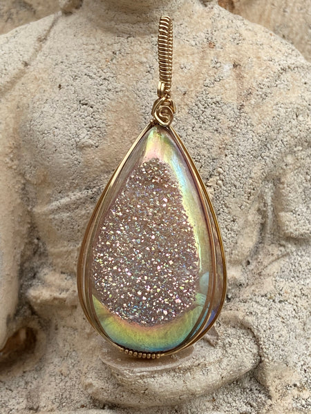 Large Gold rainbow drusy set in gold - Moonbow Tropics